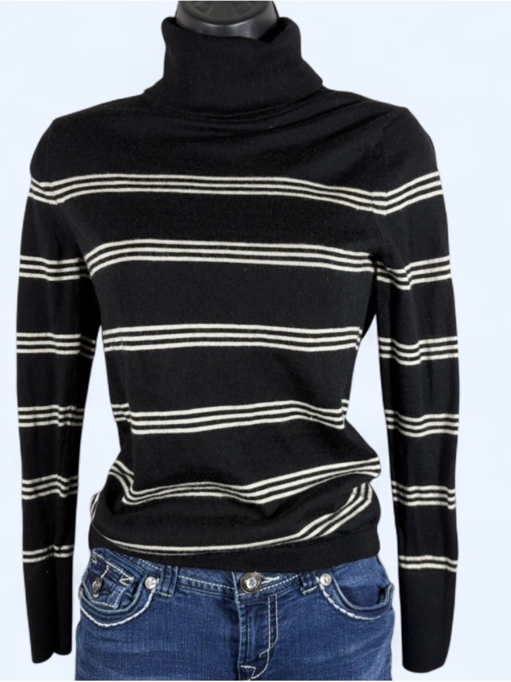 Banana Republic Merino Wool Black and White Striped Turtleneck Sweater